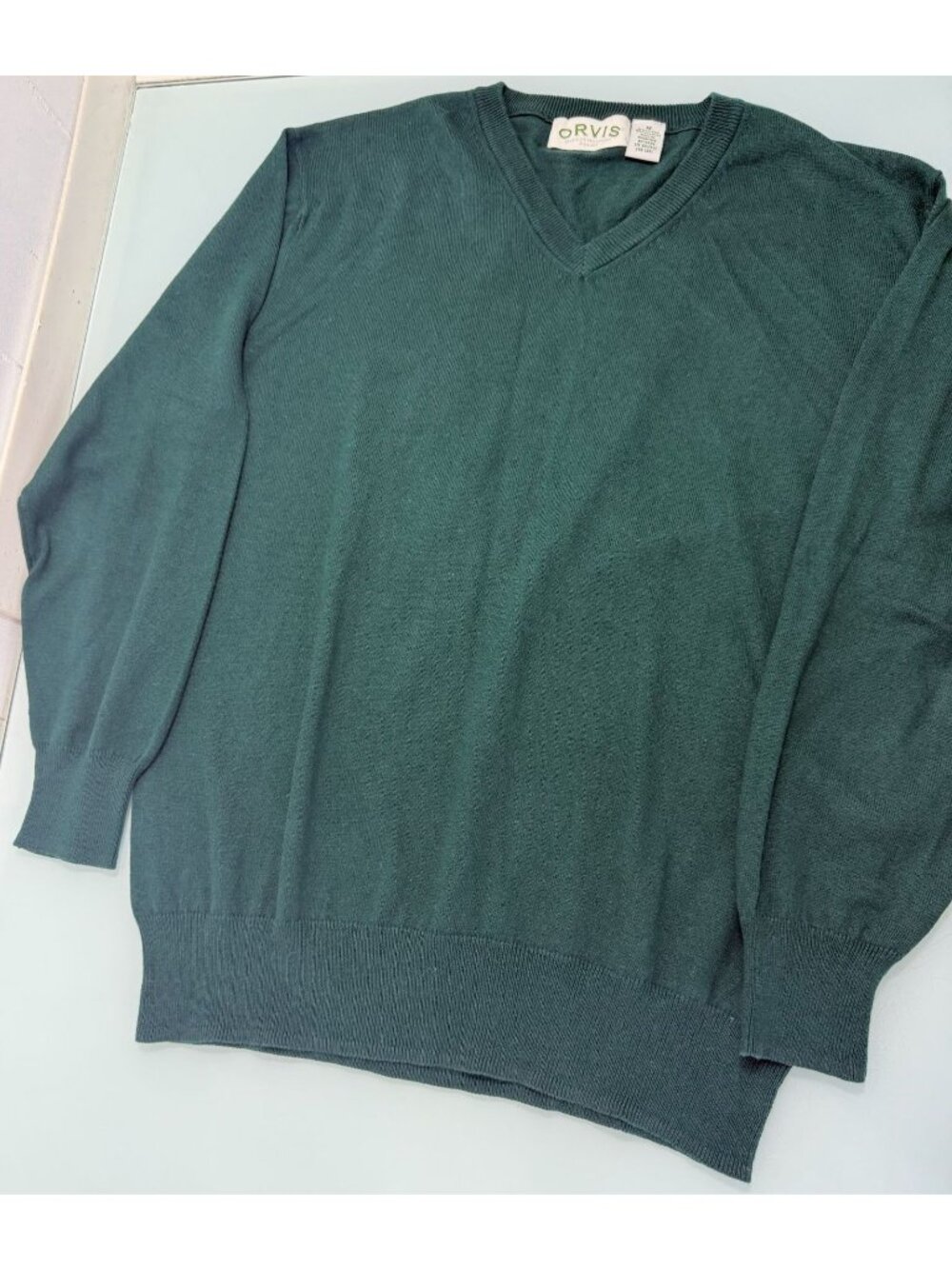 Orvis Sweater Men's Medium M Cashmere Cotton Blend V Neck Green Pullover